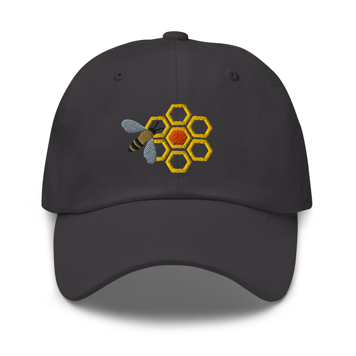 Honey bee and golden honeycomb embroidered baseball cap in dark grey, front view – Kate Spain design
