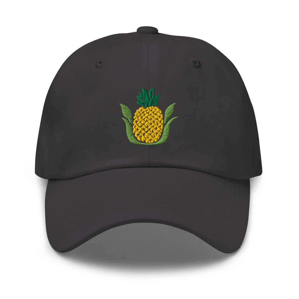 Golden pineapple embroidered baseball cap in dark grey, front view – Kate Spain design