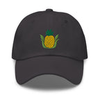 Golden pineapple embroidered baseball cap in dark grey, front view – Kate Spain design
