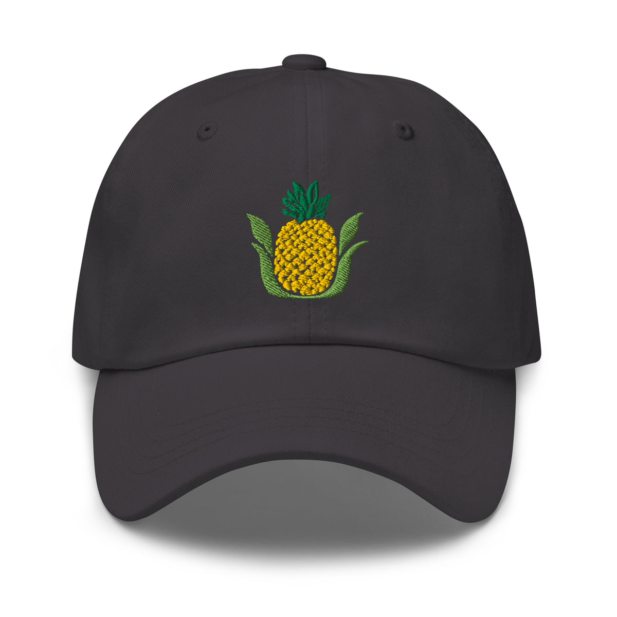 Golden pineapple embroidered baseball cap in dark grey, front view – Kate Spain design