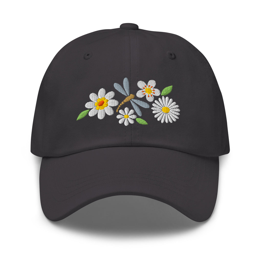 Dragonfly and white daisies embroidered baseball cap in dark grey, front view – Kate Spain design