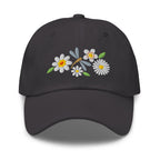 Dragonfly and white daisies embroidered baseball cap in dark grey, front view – Kate Spain design