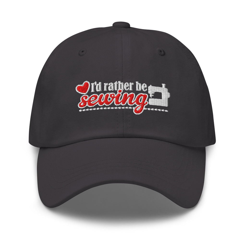 “I’d rather be sewing” heart and sewing machine embroidered baseball cap in dark grey, front view – Kate Spain design