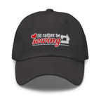“I’d rather be sewing” heart and sewing machine embroidered baseball cap in dark grey, front view – Kate Spain design