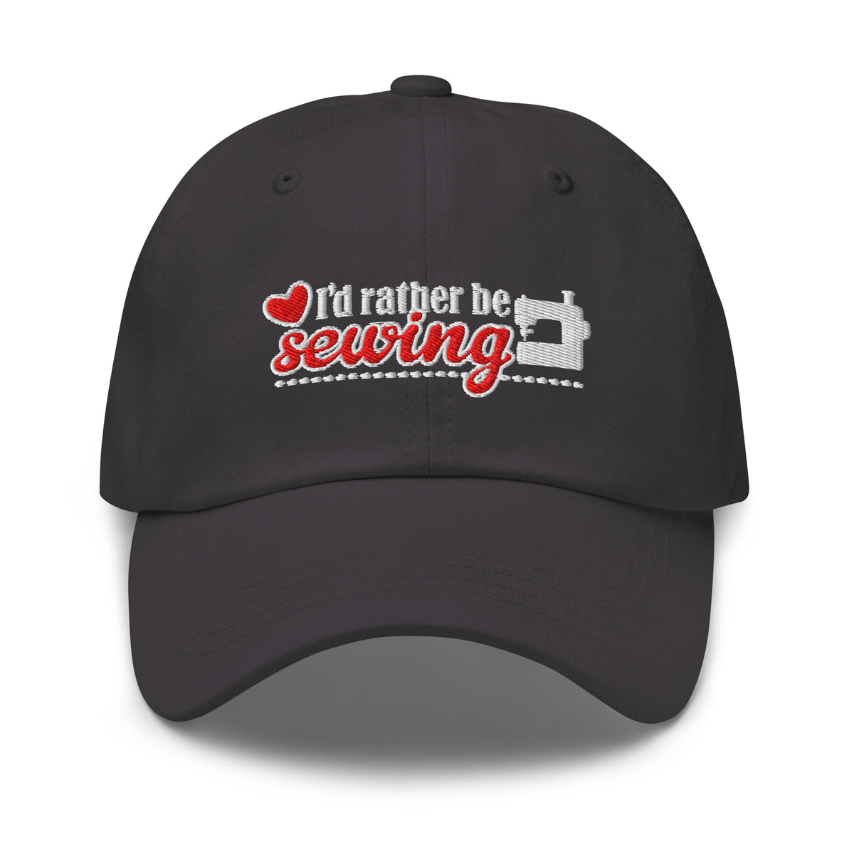 “I’d rather be sewing” heart and sewing machine embroidered baseball cap in dark grey, front view – Kate Spain design