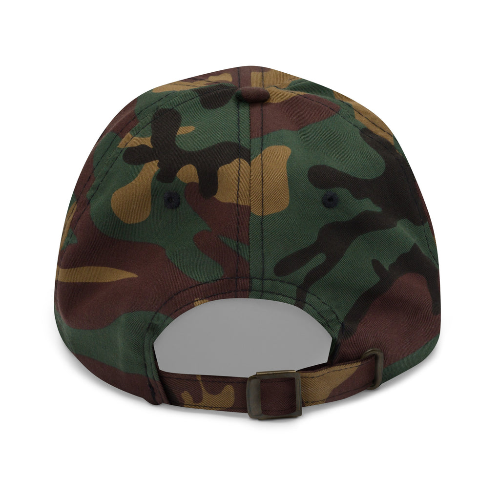 Dragonfly and white daisies embroidered baseball cap in camouflage, back view – Kate Spain design