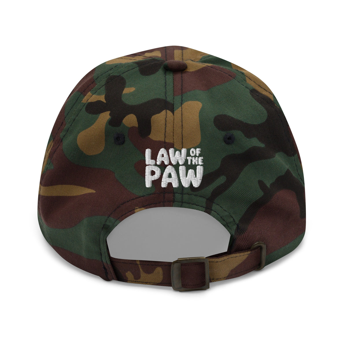 Law of the Paw® logo on the back of an embroidered baseball cap in camouflage, back view – Kate Spain design