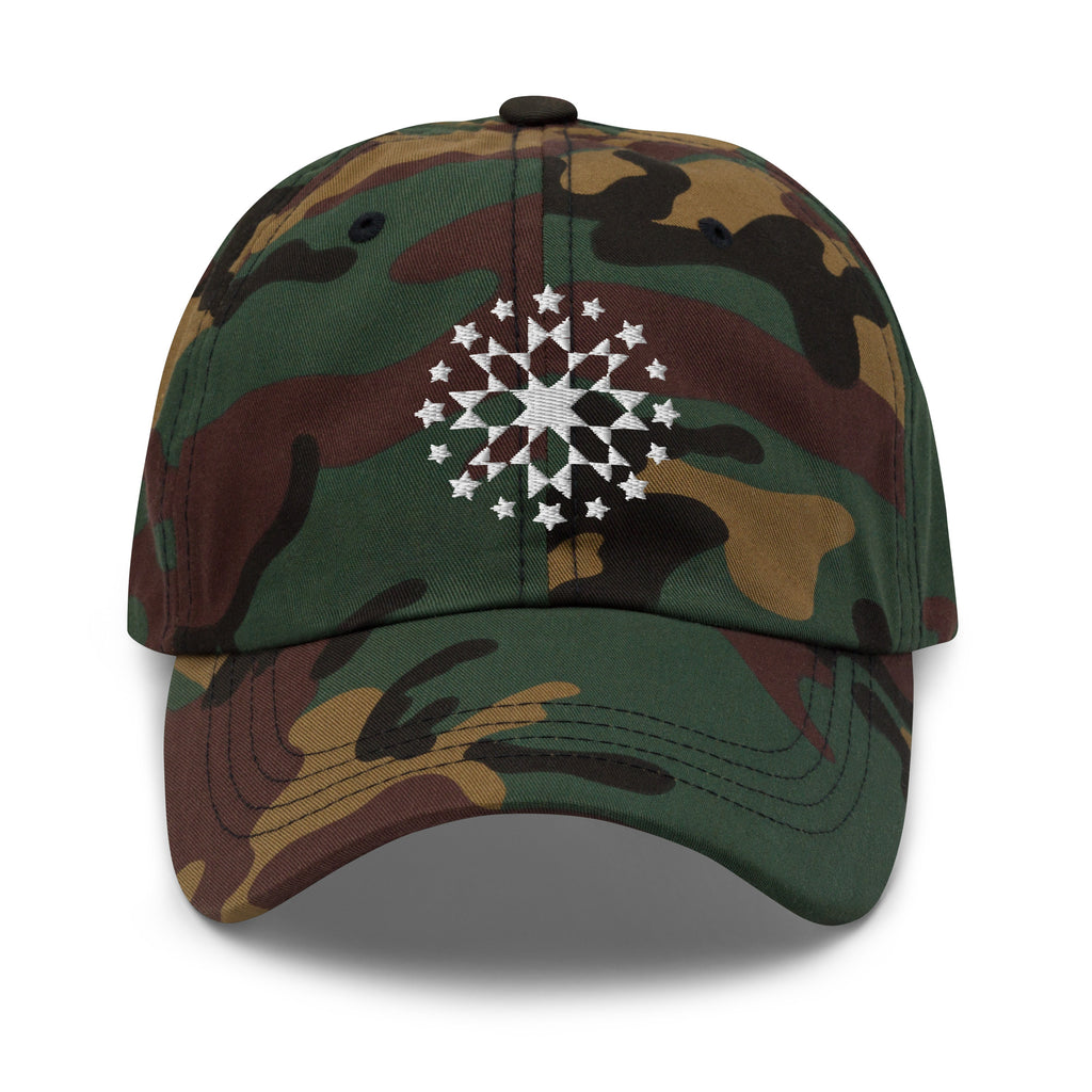 White starburst fireworks embroidered baseball cap in camouflage, front view – Kate Spain design