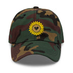 Heart-centered golden sunflower embroidered baseball cap in camouflage, front view – Kate Spain design