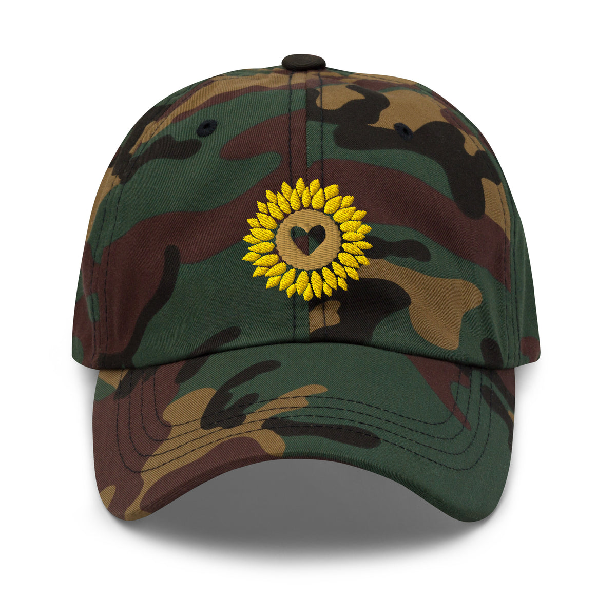 Heart-centered golden sunflower embroidered baseball cap in camouflage, front view – Kate Spain design