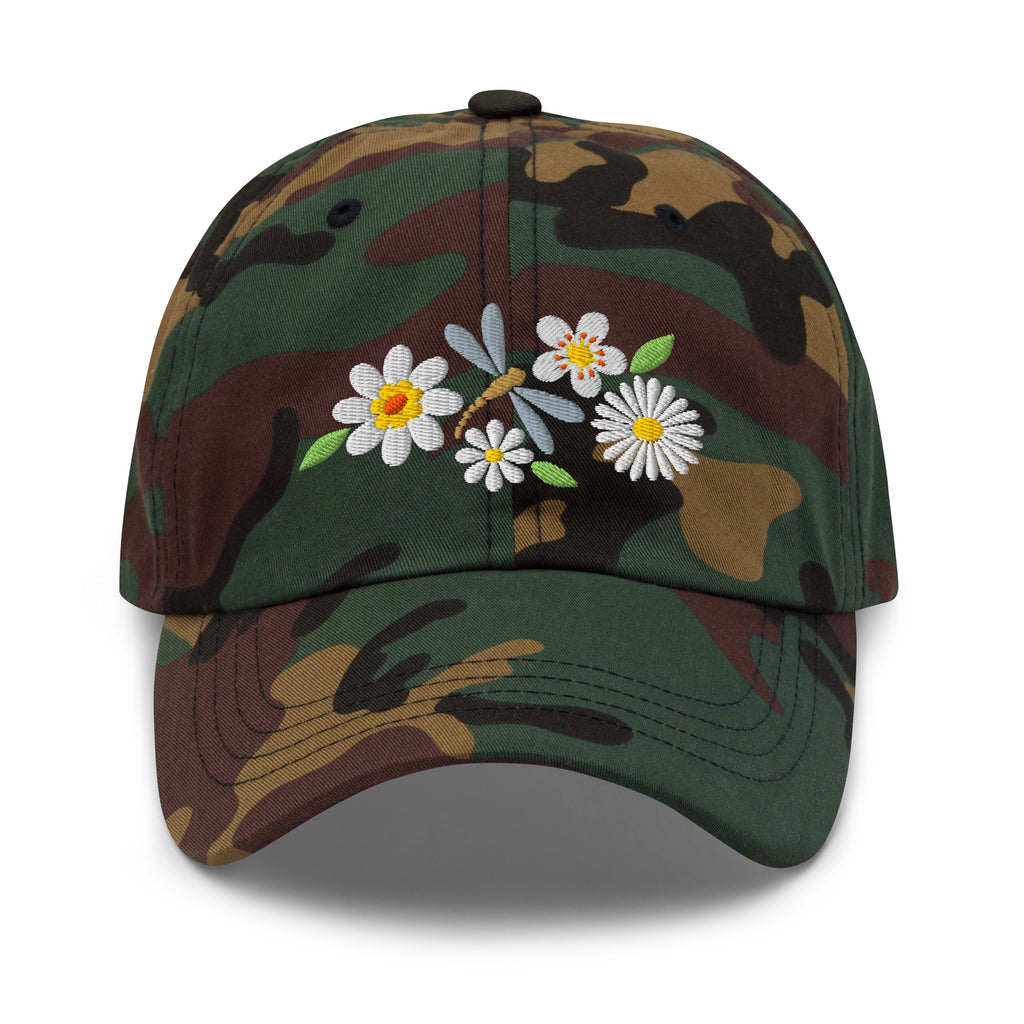 Dragonfly and white daisies embroidered baseball cap in camouflage, front view – Kate Spain design