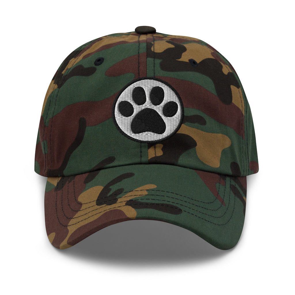 Law of the Paw® cat paw print embroidered baseball cap in camouflage, front view – Kate Spain design