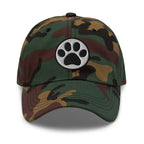 Law of the Paw® cat paw print embroidered baseball cap in camouflage, front view – Kate Spain design