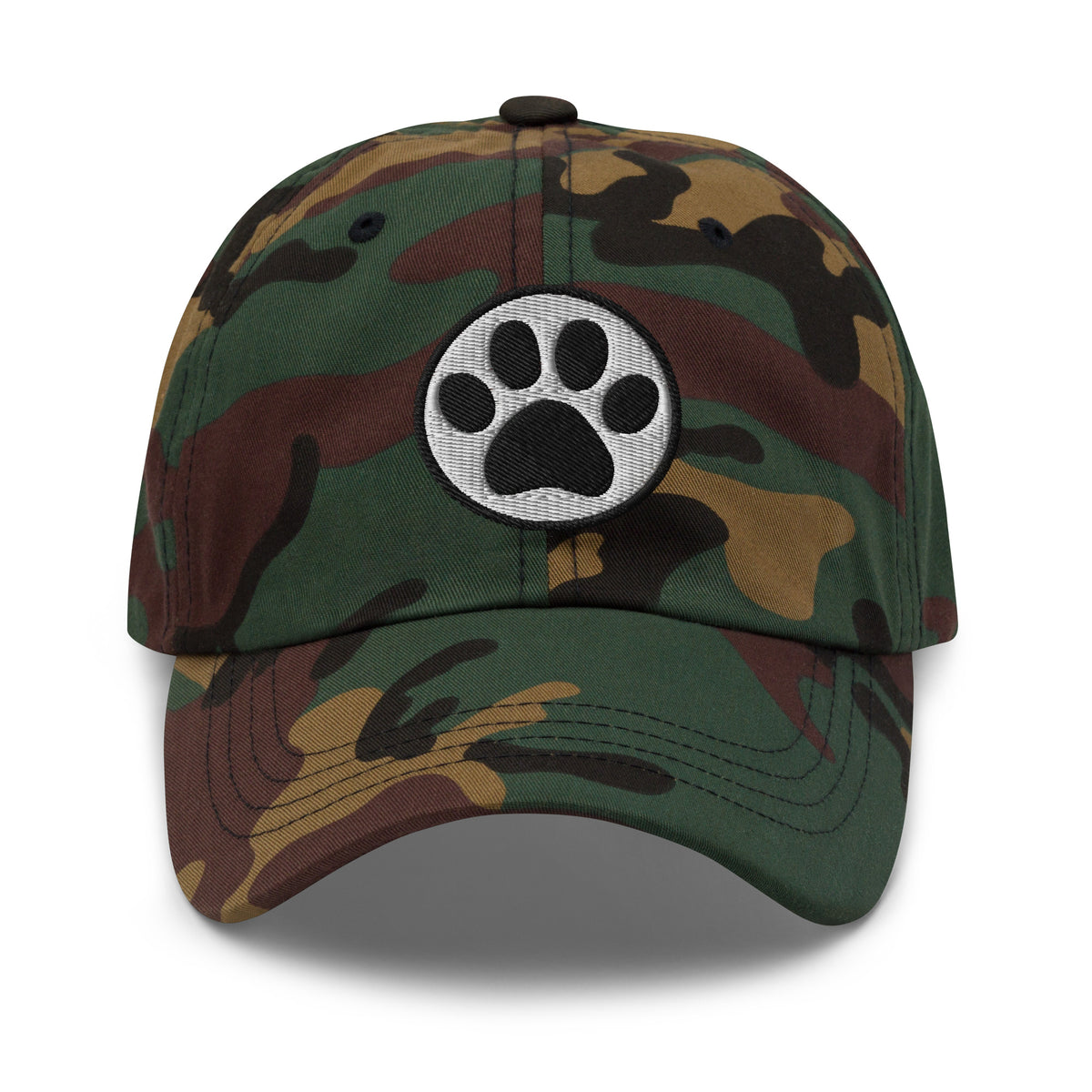 Law of the Paw® cat paw print embroidered baseball cap in camouflage, front view – Kate Spain design