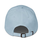 Honey bee and golden honeycomb embroidered baseball cap in light blue, back view – Kate Spain design
