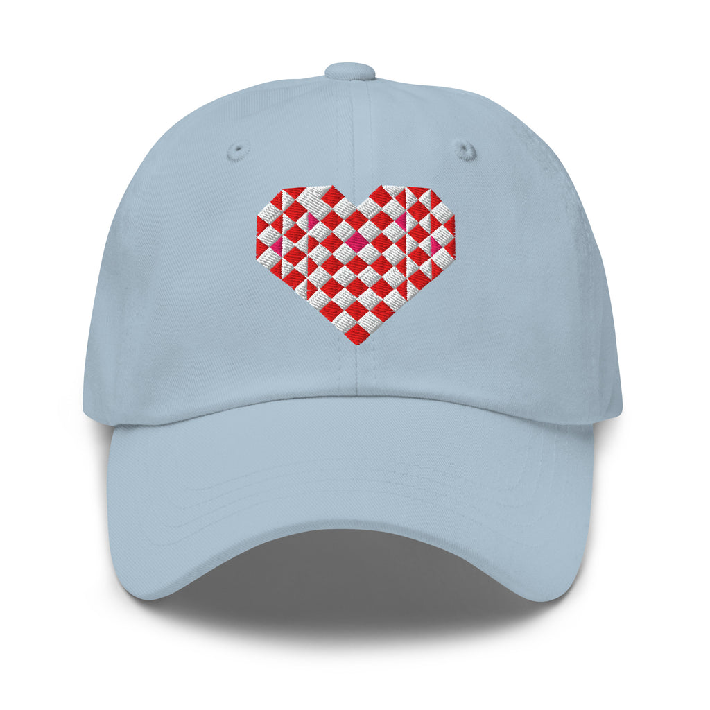 Quilted heart embroidered baseball cap in light blue, front view – Kate Spain design