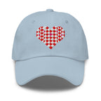 Quilted heart embroidered baseball cap in light blue, front view – Kate Spain design