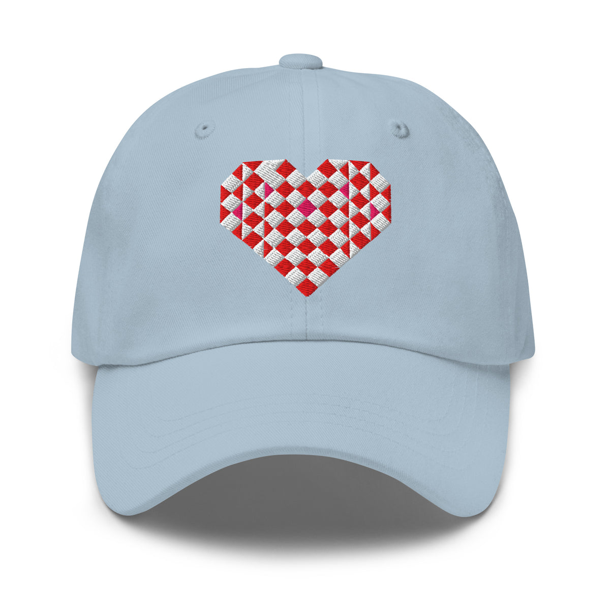 Quilted heart embroidered baseball cap in light blue, front view – Kate Spain design