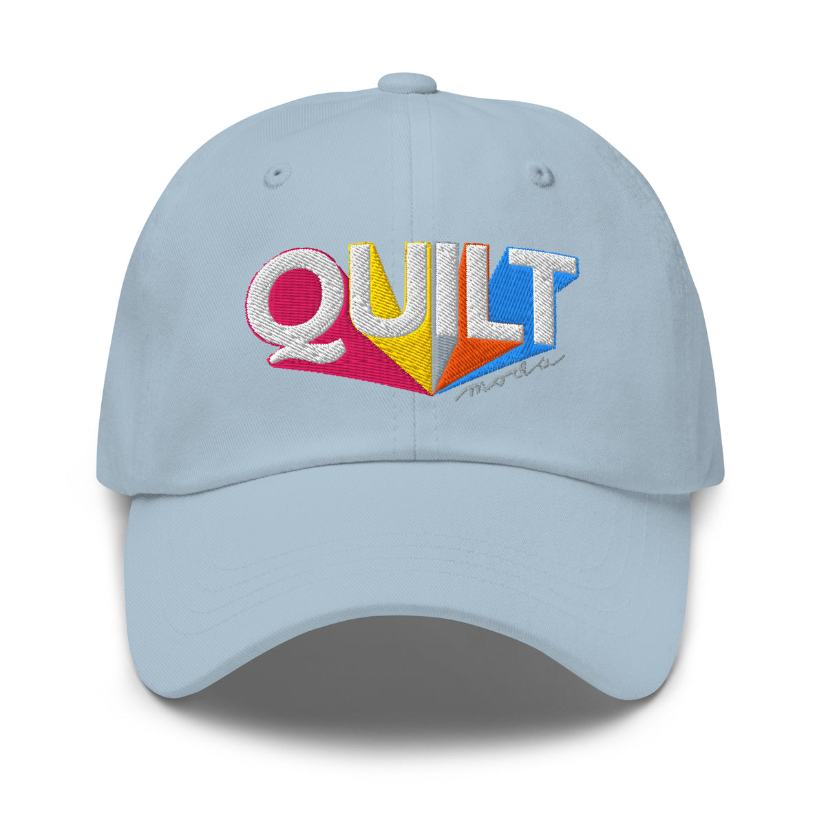 Colorful “QUILT” lettering embroidered baseball cap in light blue, front view – Kate Spain Moda Quilt design