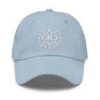 White starburst fireworks embroidered baseball cap in light blue, front view – Kate Spain design