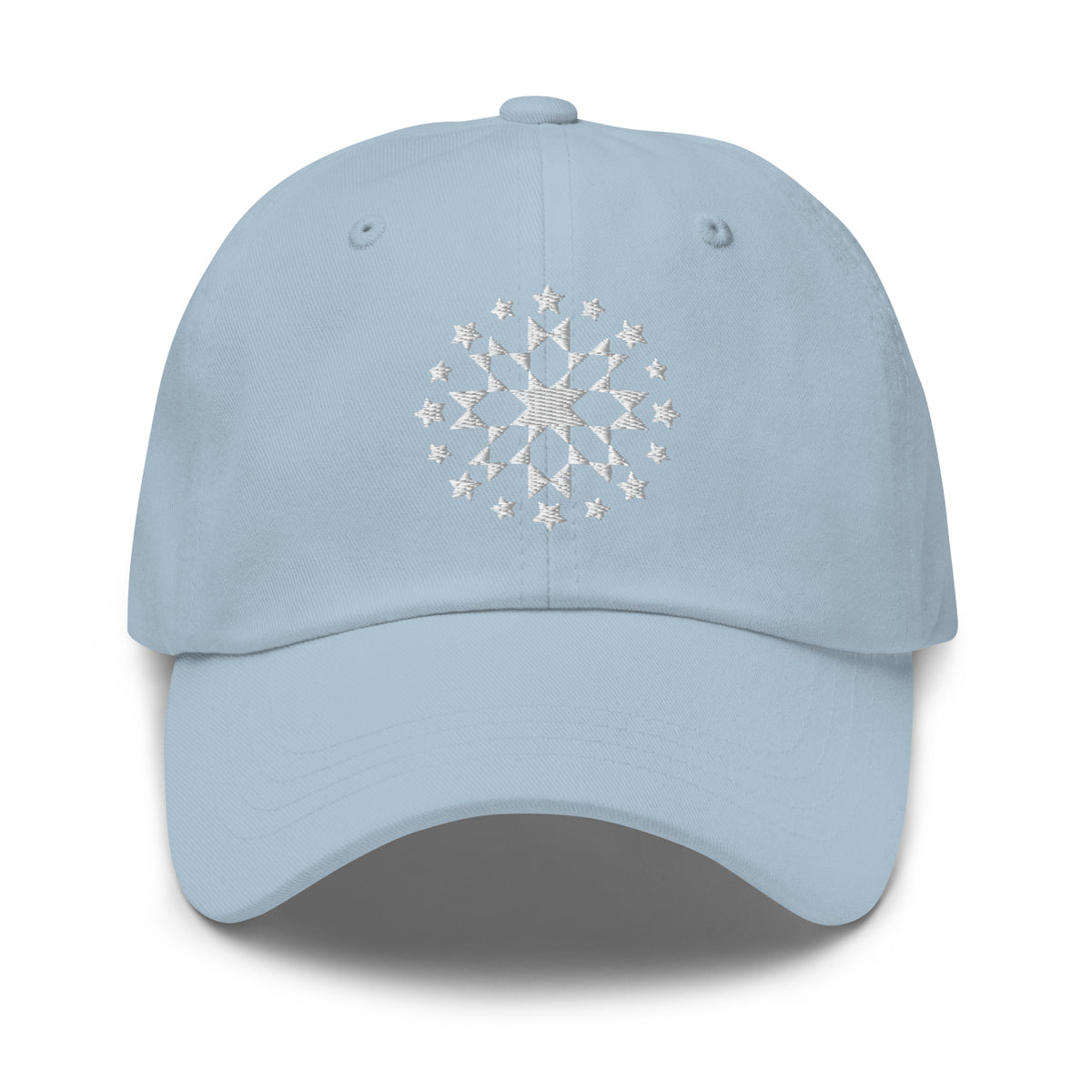 White starburst fireworks embroidered baseball cap in light blue, front view – Kate Spain design