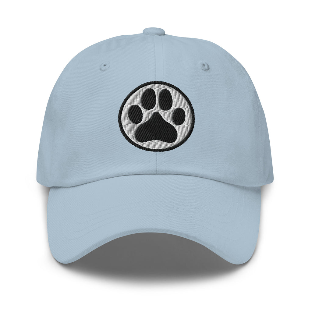 Law of the Paw® dog paw print embroidered baseball cap in light blue, front view – Kate Spain design