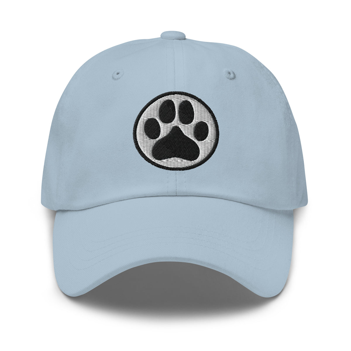 Law of the Paw® dog paw print embroidered baseball cap in light blue, front view – Kate Spain design