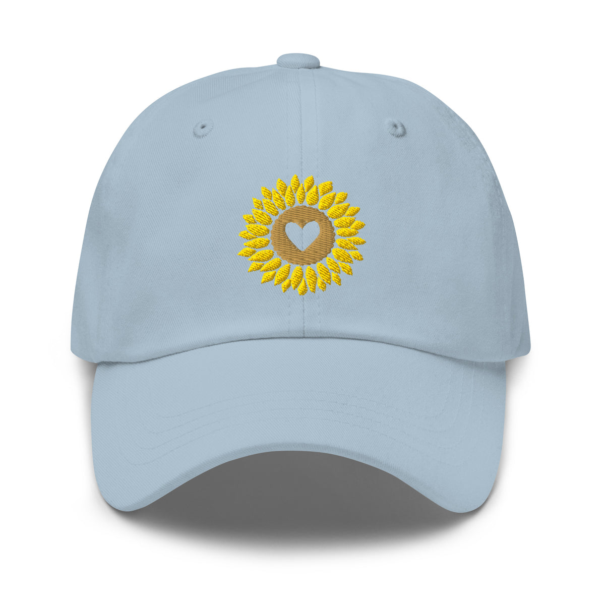Heart-centered golden sunflower embroidered baseball cap in light blue, front view – Kate Spain design