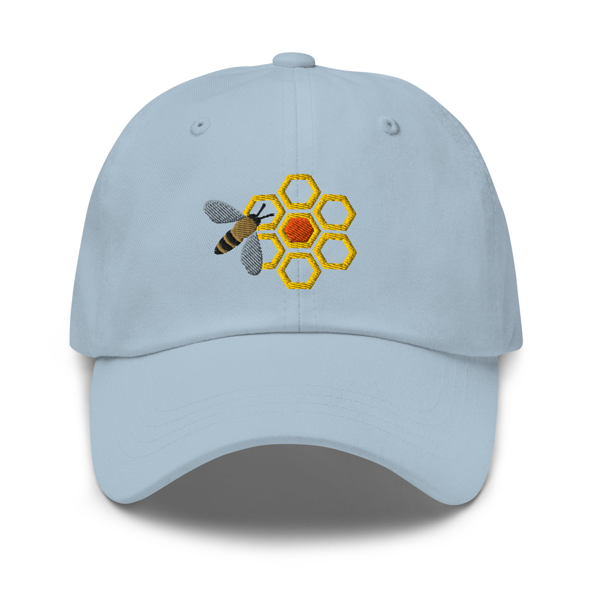Honey bee and golden honeycomb embroidered baseball cap in light blue, front view – Kate Spain design