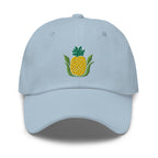 Golden pineapple embroidered baseball cap in light blue, front view – Kate Spain design
