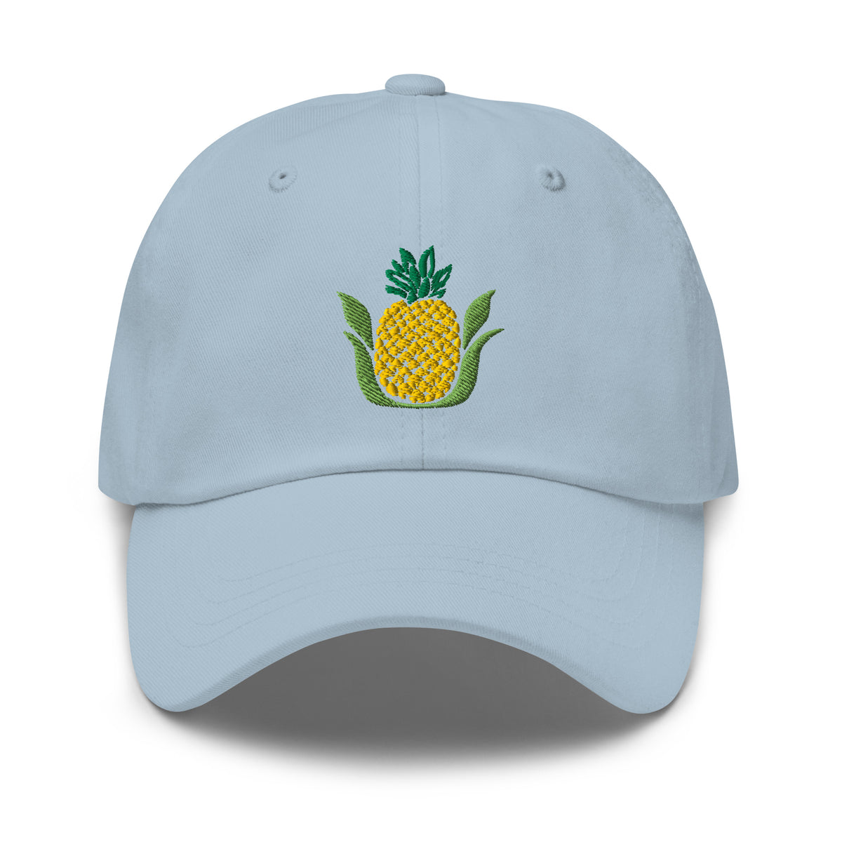 Golden pineapple embroidered baseball cap in light blue, front view – Kate Spain design