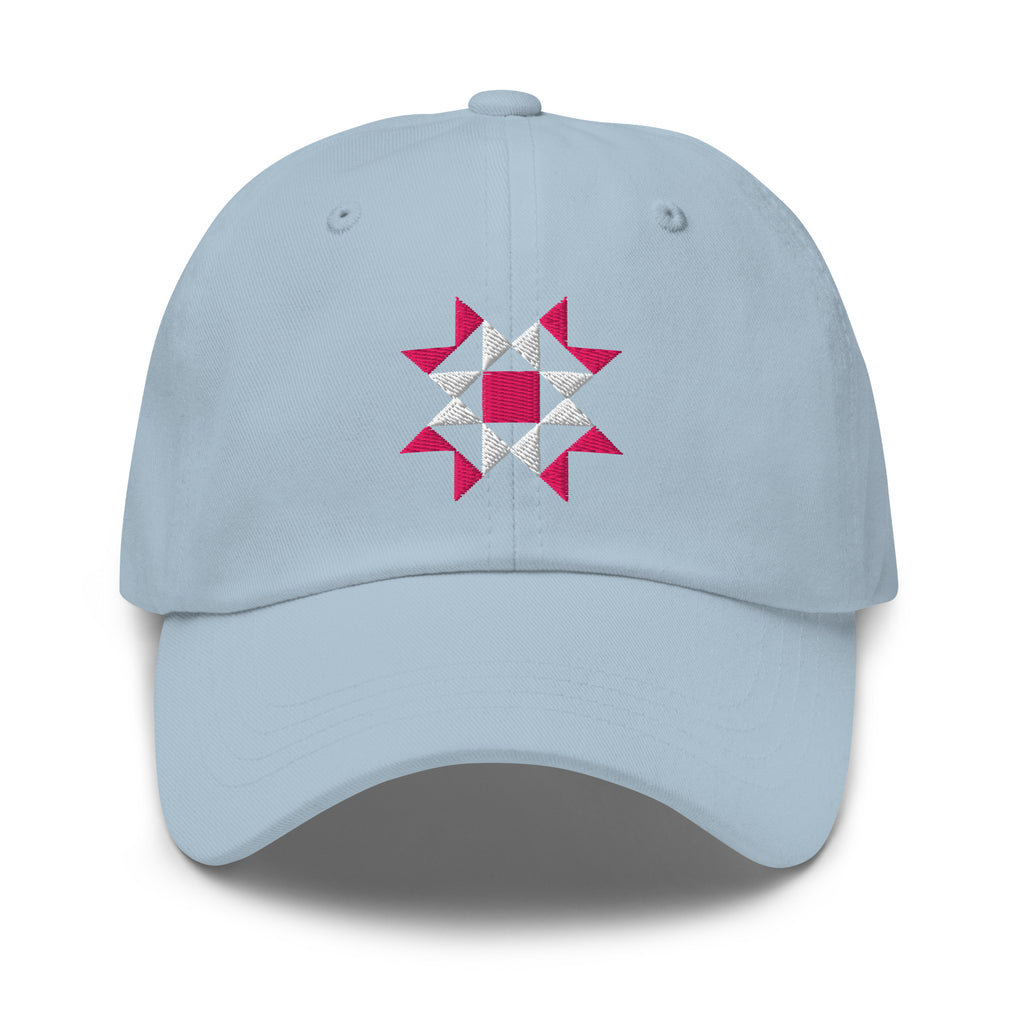 Eight-point quilt star embroidered baseball cap in light blue, front view – Kate Spain design
