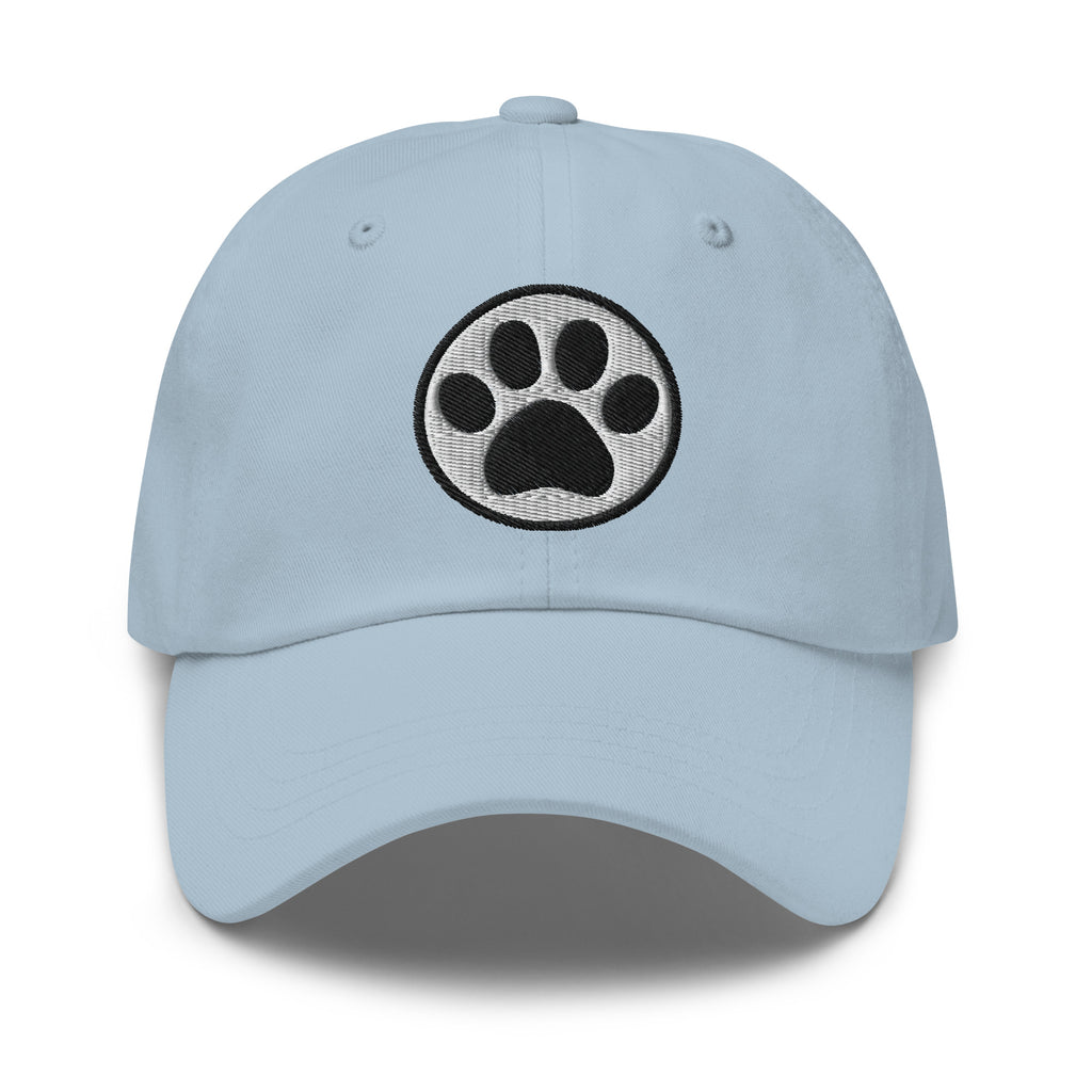 Law of the Paw® cat paw print embroidered baseball cap in light blue, front view – Kate Spain design