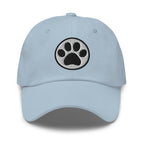 Law of the Paw® cat paw print embroidered baseball cap in light blue, front view – Kate Spain design