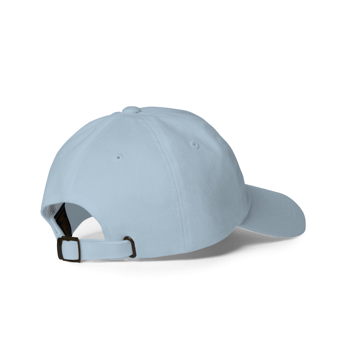 Heart-centered golden sunflower embroidered baseball cap in light blue, angled back view – Kate Spain design