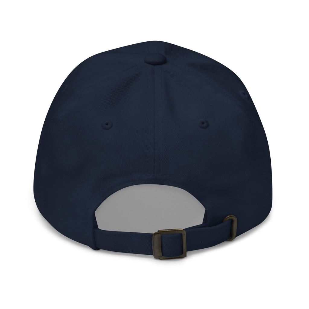 Colorful “QUILT” lettering embroidered baseball cap in navy, back view – Kate Spain Moda Quilt design