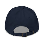 Colorful “QUILT” lettering embroidered baseball cap in navy, back view – Kate Spain Moda Quilt design