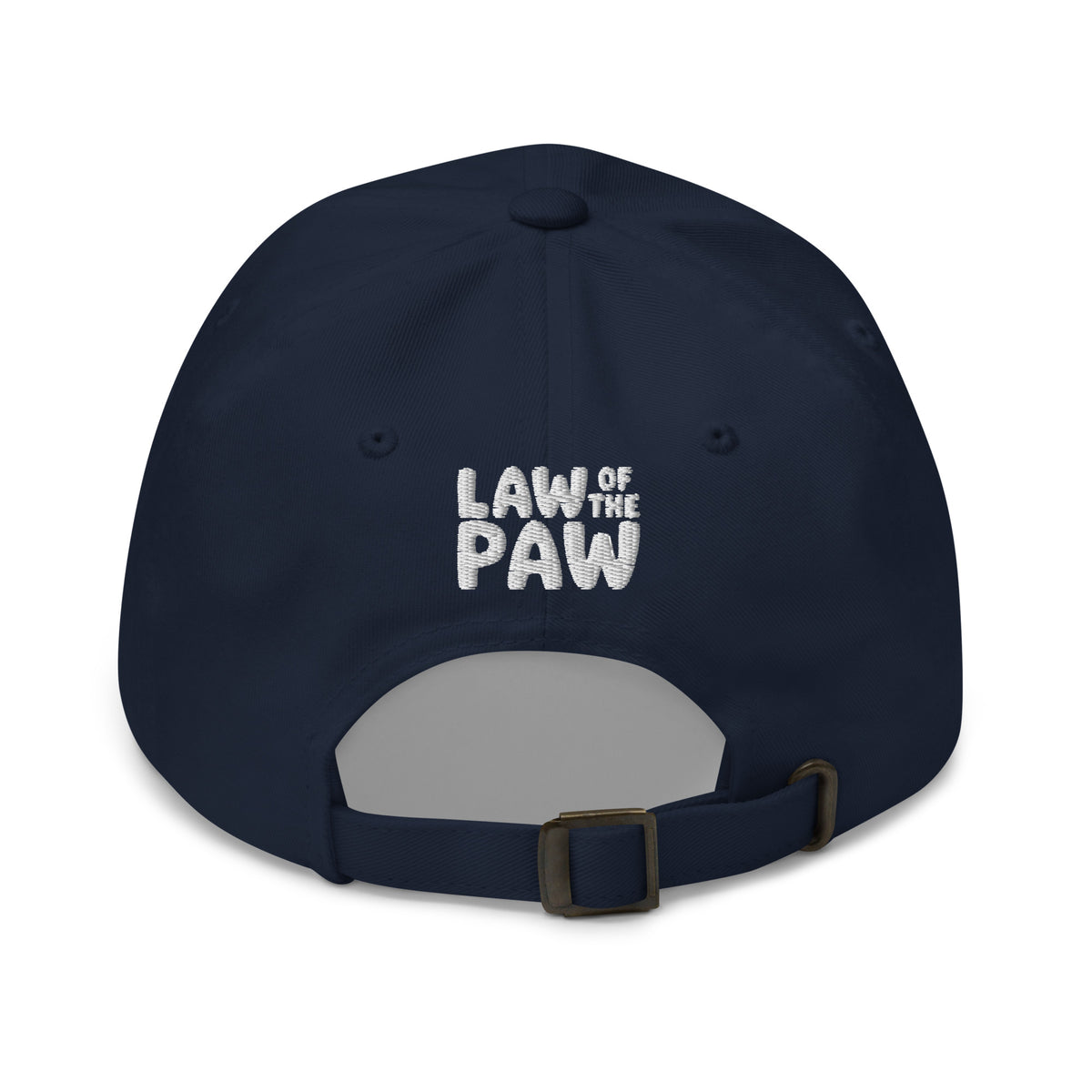 Law of the Paw® dog paw print embroidered baseball cap in navy, back view with Law of the Paw logo – Kate Spain design