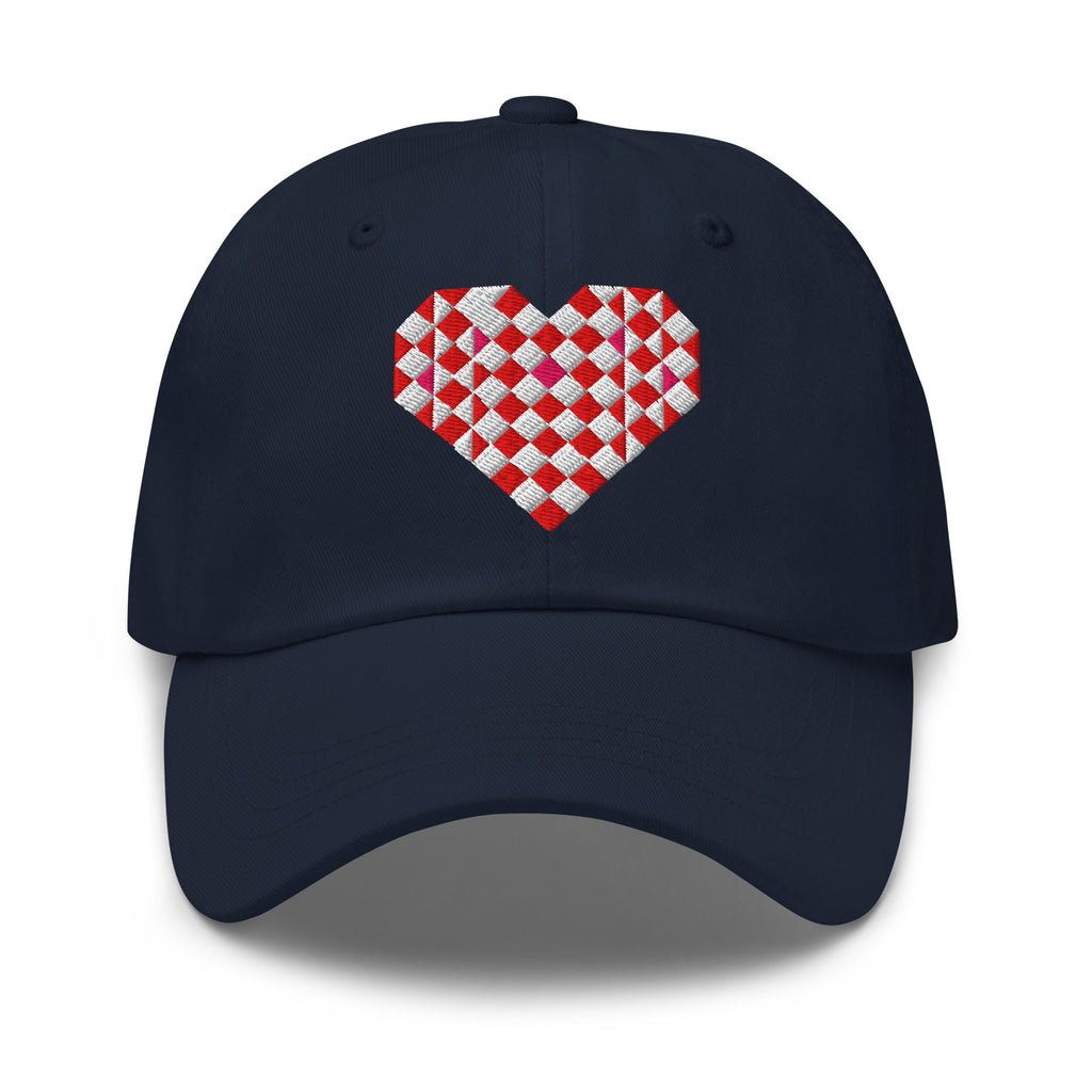 Quilted heart embroidered baseball cap in navy, front view – Kate Spain design