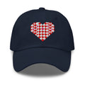 Quilted heart embroidered baseball cap in navy, front view – Kate Spain design