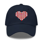 Quilted heart embroidered baseball cap in navy, front view – Kate Spain design
