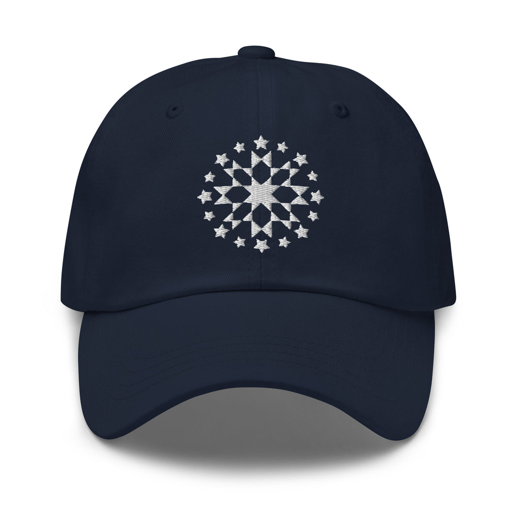 White starburst fireworks embroidered baseball cap in navy, front view – Kate Spain design