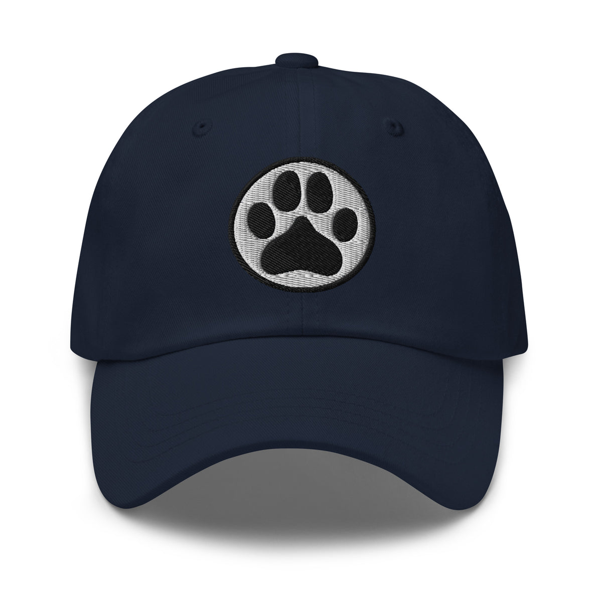 Law of the Paw® dog paw print embroidered baseball cap in navy, front view – Kate Spain design