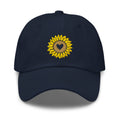 Heart-centered golden sunflower embroidered baseball cap in navy, front view – Kate Spain design