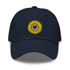 Heart-centered golden sunflower embroidered baseball cap in navy, front view – Kate Spain design