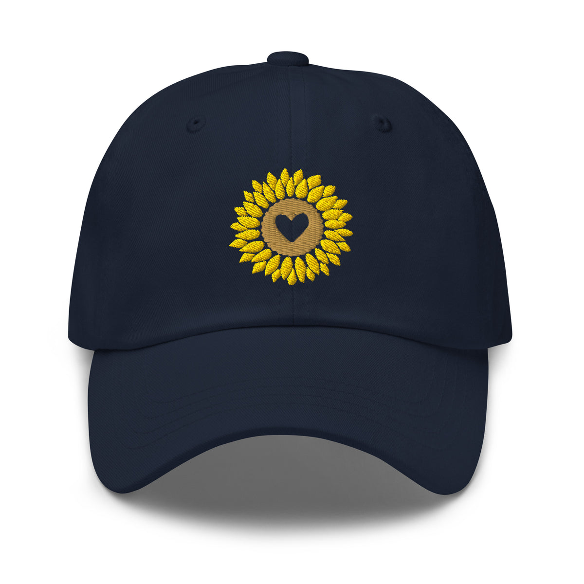 Heart-centered golden sunflower embroidered baseball cap in navy, front view – Kate Spain design