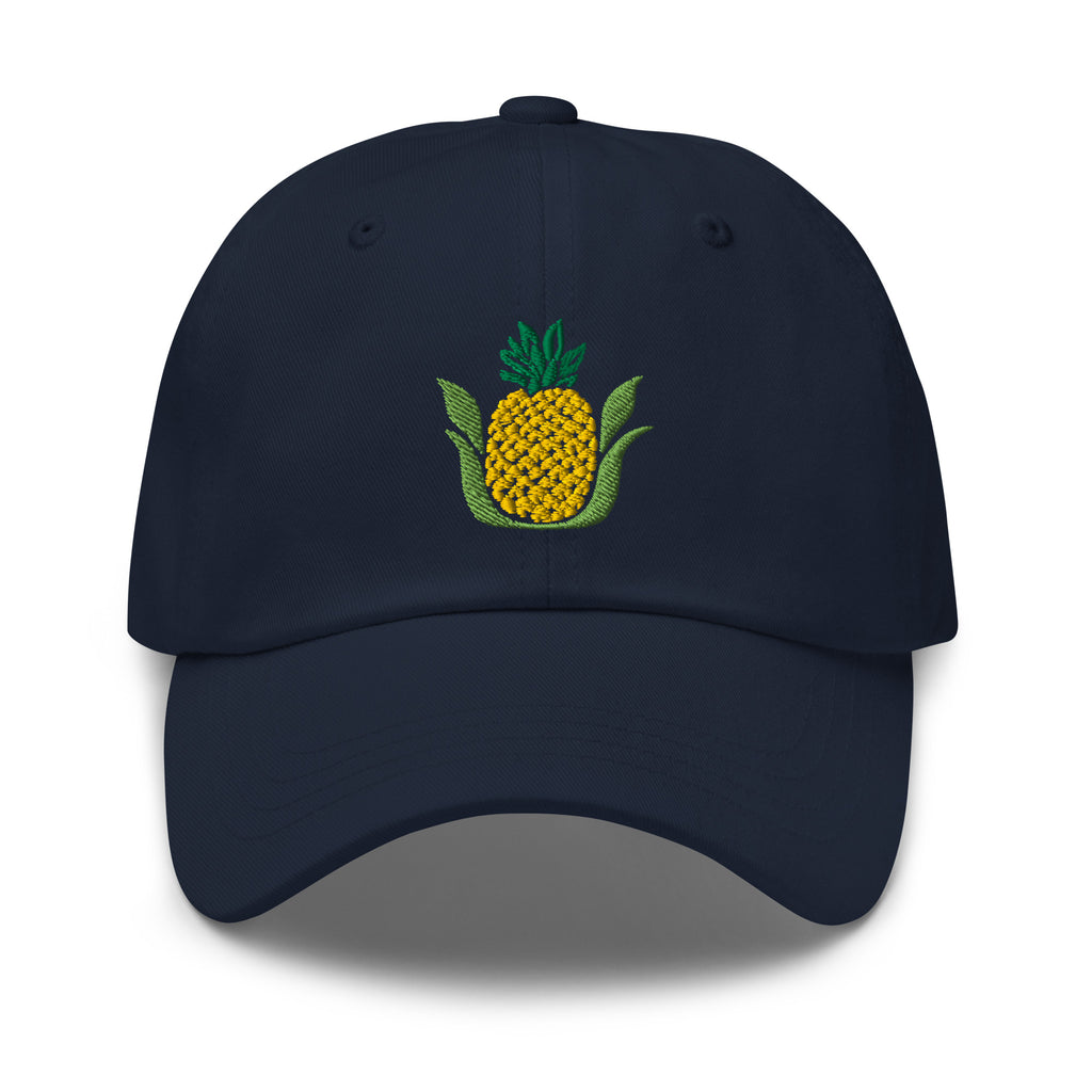 Golden pineapple embroidered baseball cap in navy, front view – Kate Spain design