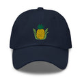 Golden pineapple embroidered baseball cap in navy, front view – Kate Spain design