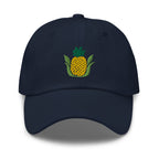 Golden pineapple embroidered baseball cap in navy, front view – Kate Spain design