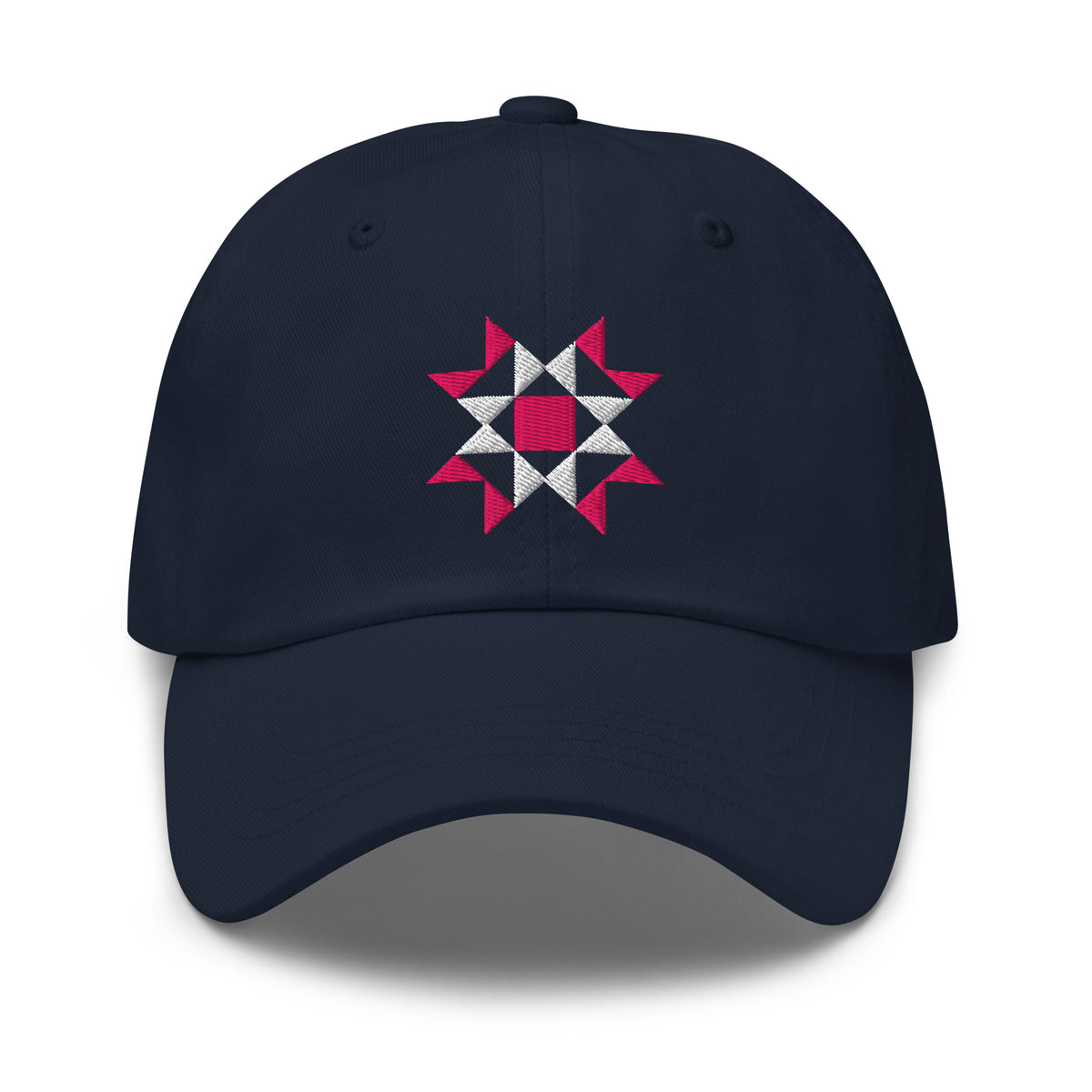 Eight-point quilt star embroidered baseball cap in navy, front view – Kate Spain design